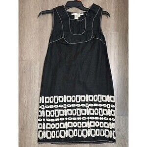 Max Studio Linen Blend Embroidered Hem Sleeveless Dress Black L